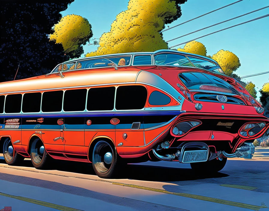 Stylized red and silver vintage bus with futuristic design elements on sunny street