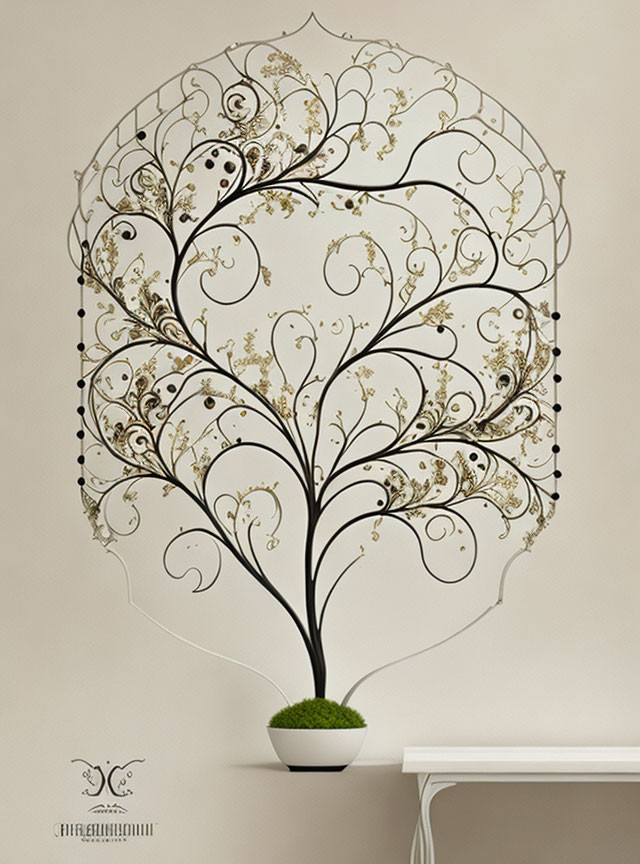 Stylized black and gold tree wall decal with swirling branches and ornate leaves above white shelf