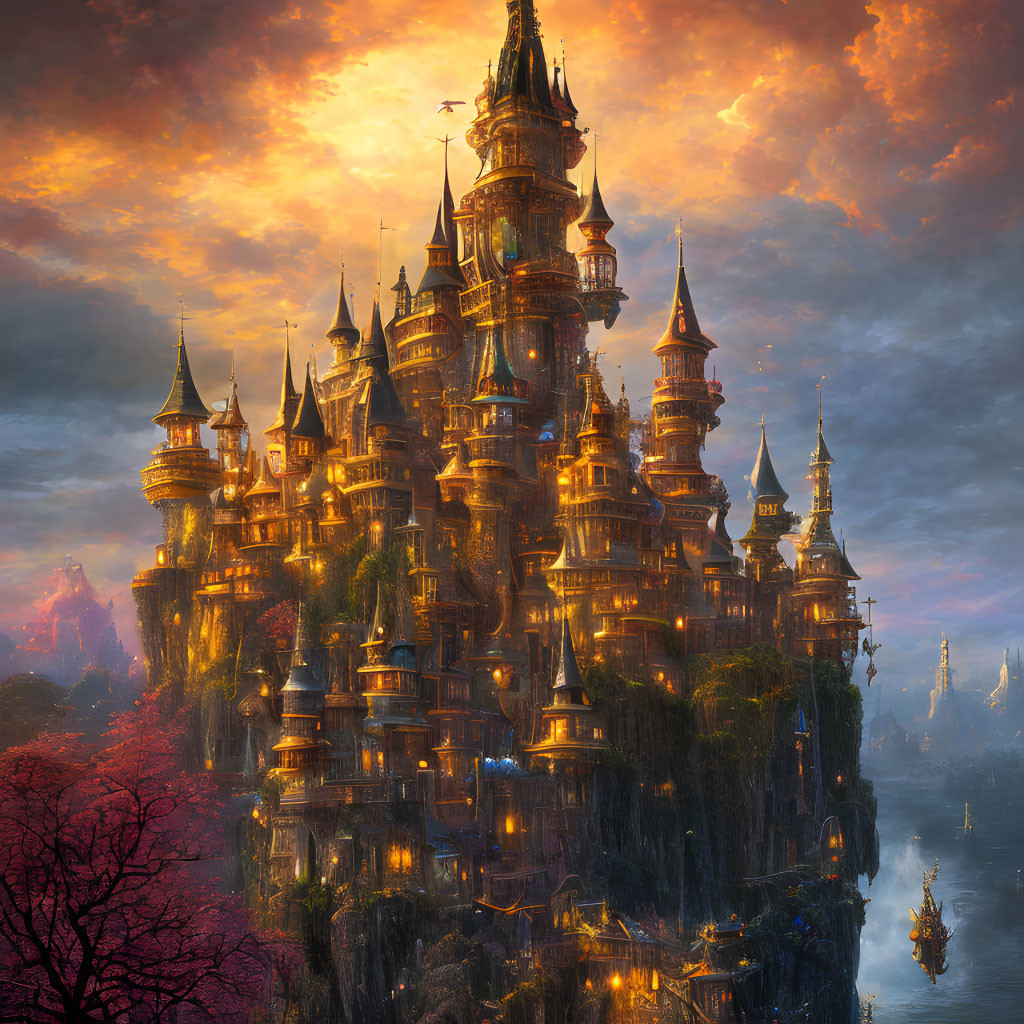 Fantasy castle with spires on cliff at sunset with airships and birds