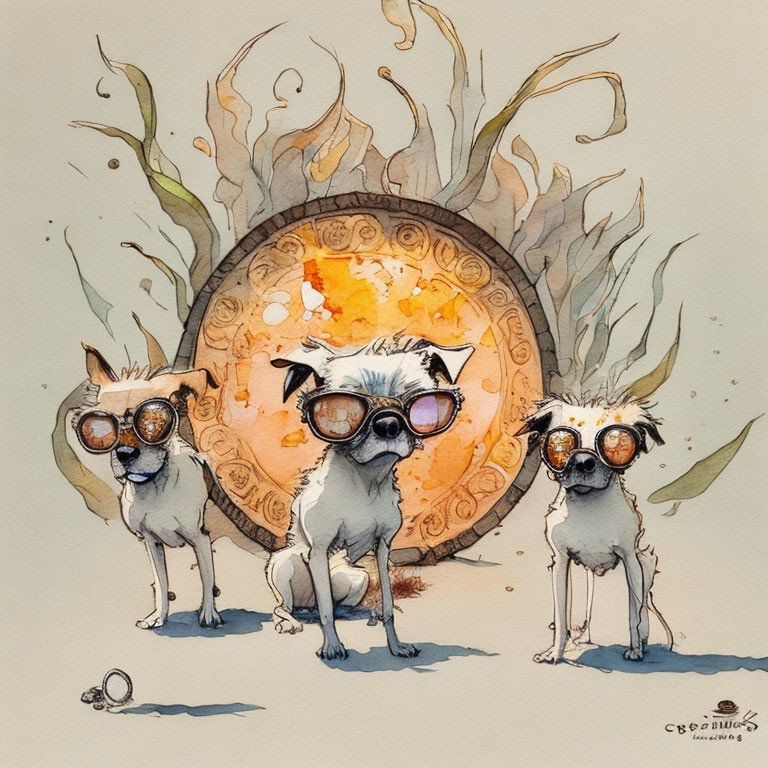 Three steampunk dogs in front of fiery backdrop with vintage art style.