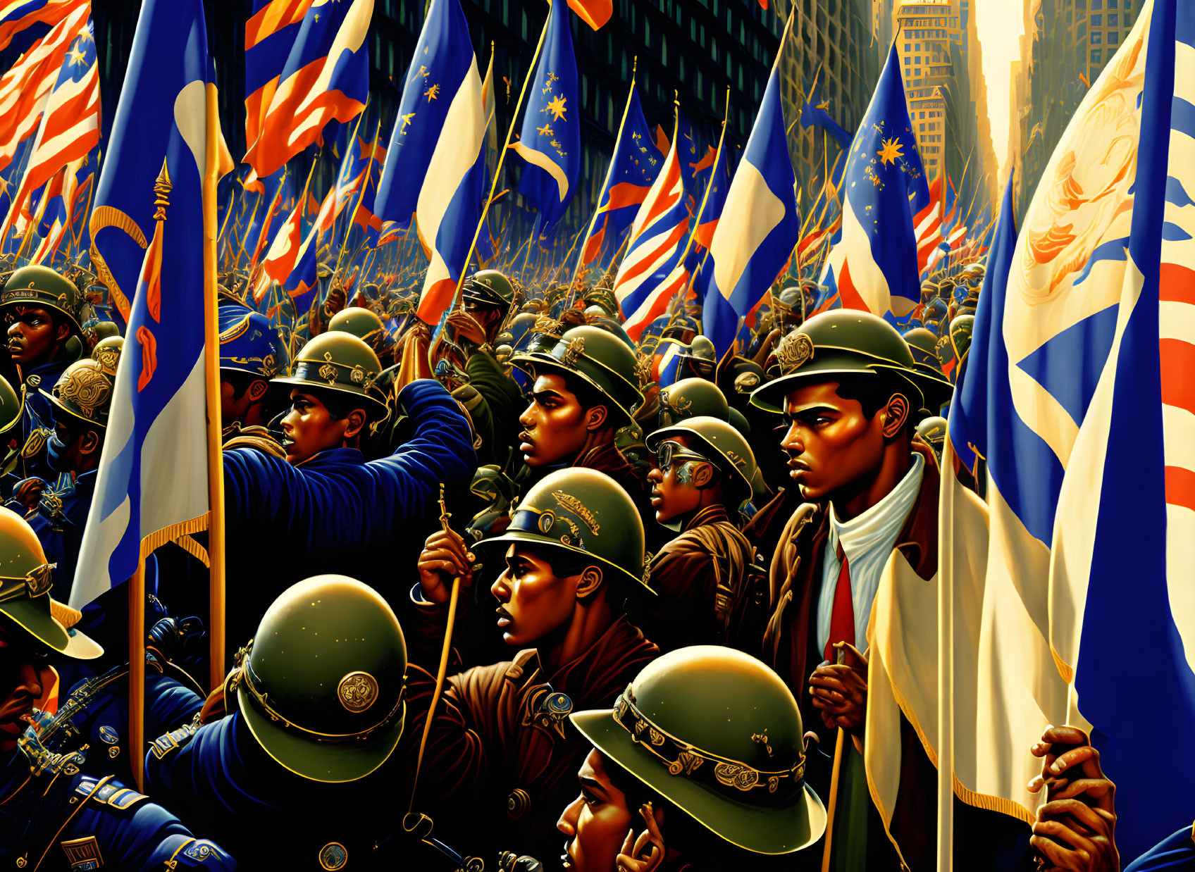 Colorful illustration of soldiers with helmets and flags marching in unity