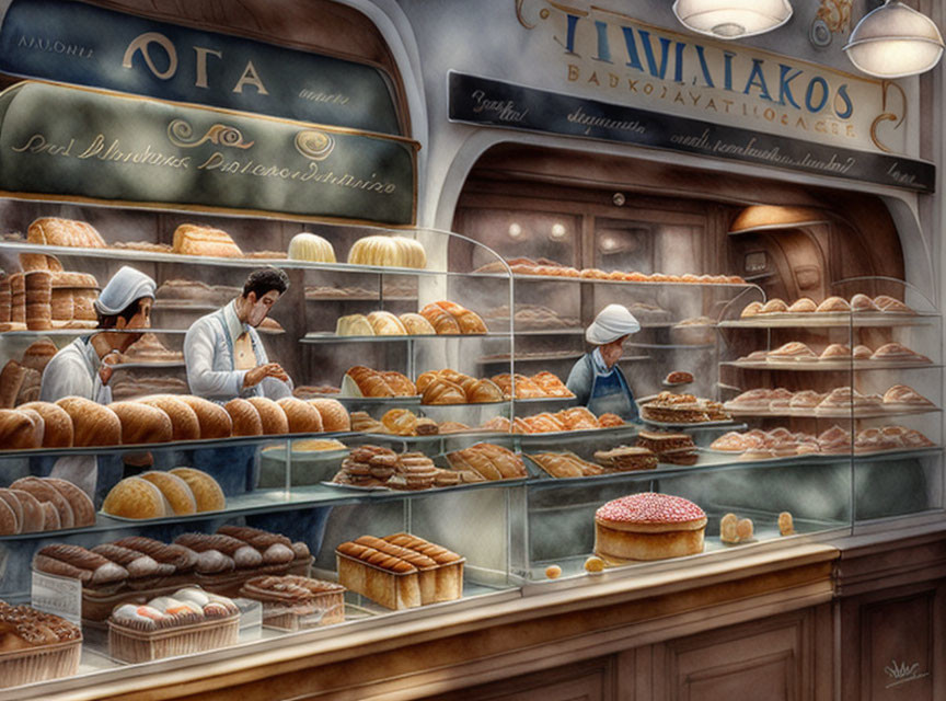 Bakery illustration with bakers arranging bread and pastries