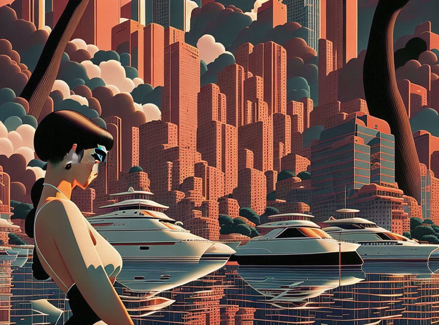 Futuristic cityscape illustration with woman in stylized art