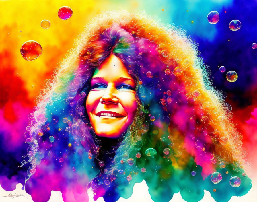 Colorful Portrait of Smiling Person with Rainbow Curly Hair