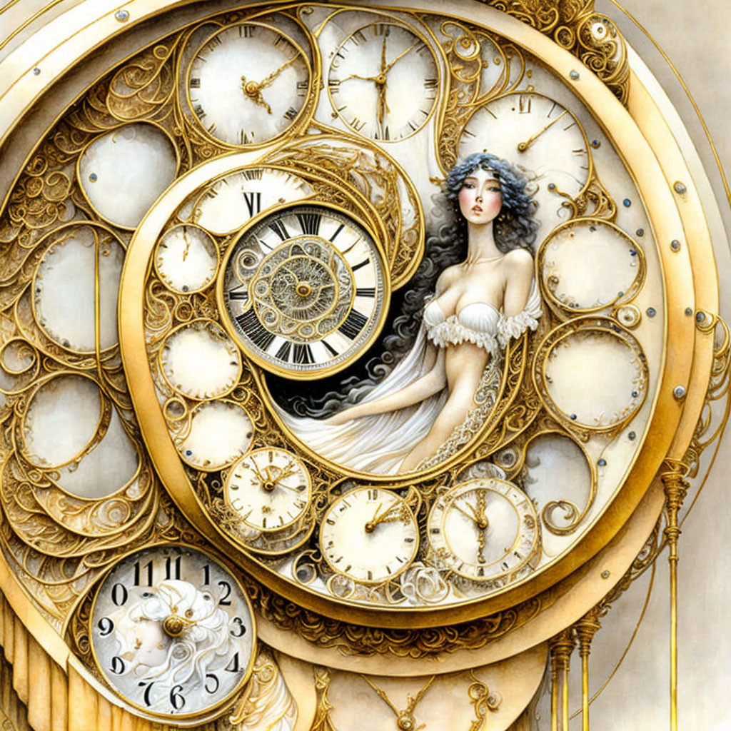 Fantasy-themed illustration of woman in golden clocks and gears