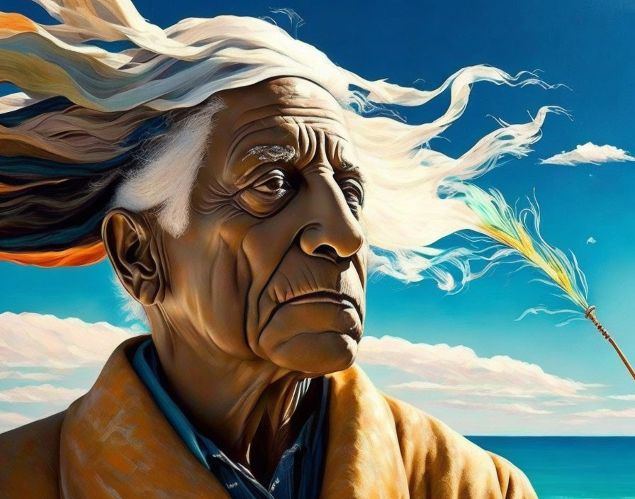 Elderly person with windswept white hair in ochre outfit against blue sky