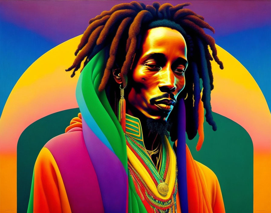 Colorful portrait of a man with dreadlocks in vibrant setting.