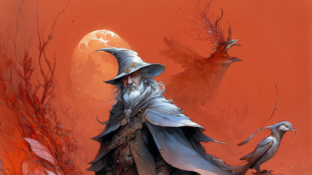 Wizard with long beard in mystical landscape with birds and full moon