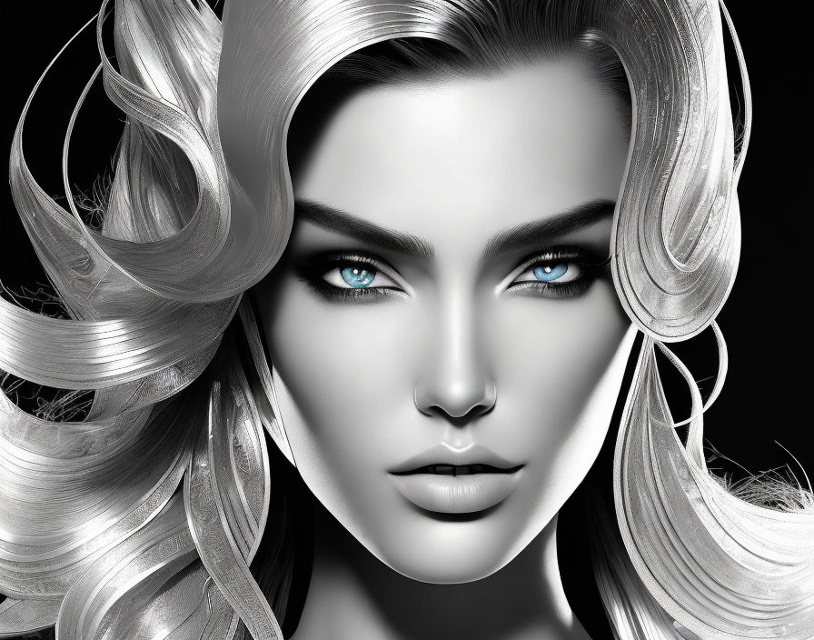 Monochromatic image of a woman with flowing hair and striking blue eyes.