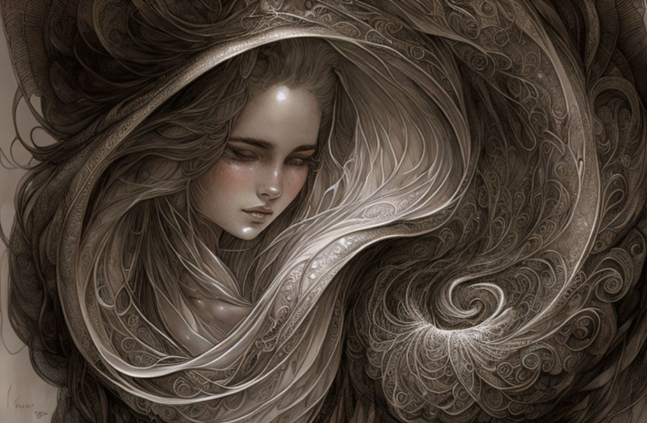 Detailed sepia-toned woman with flowing hair in swirl patterns