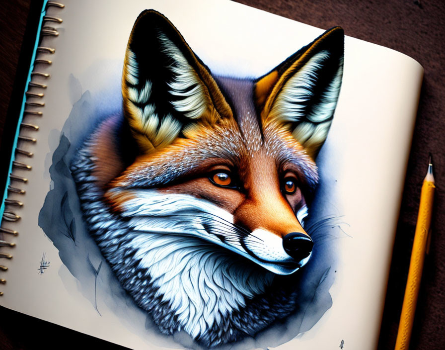 Realistic Fox Head Drawing on Sketchbook with Pencil, Vivid Colors & Shading