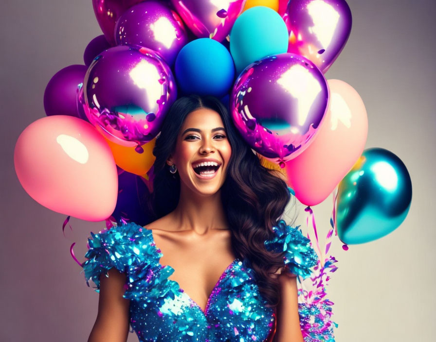 Colorful balloons surround woman in blue dress