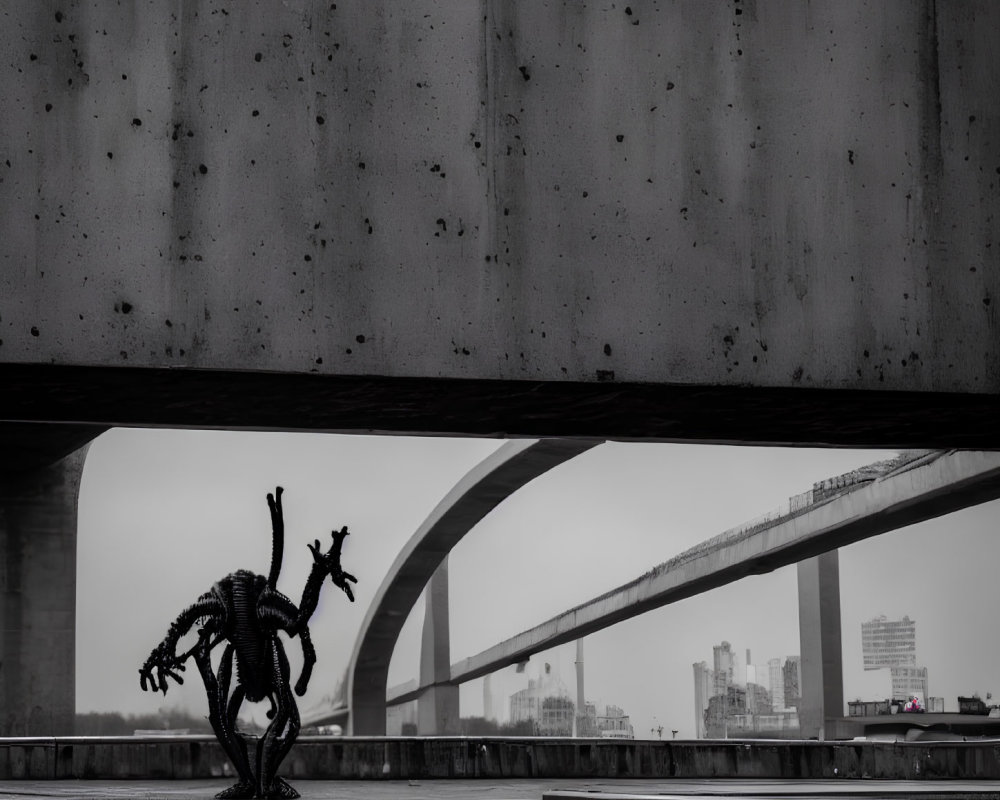 Monochrome metal horse sculpture under concrete bridge with curved roads