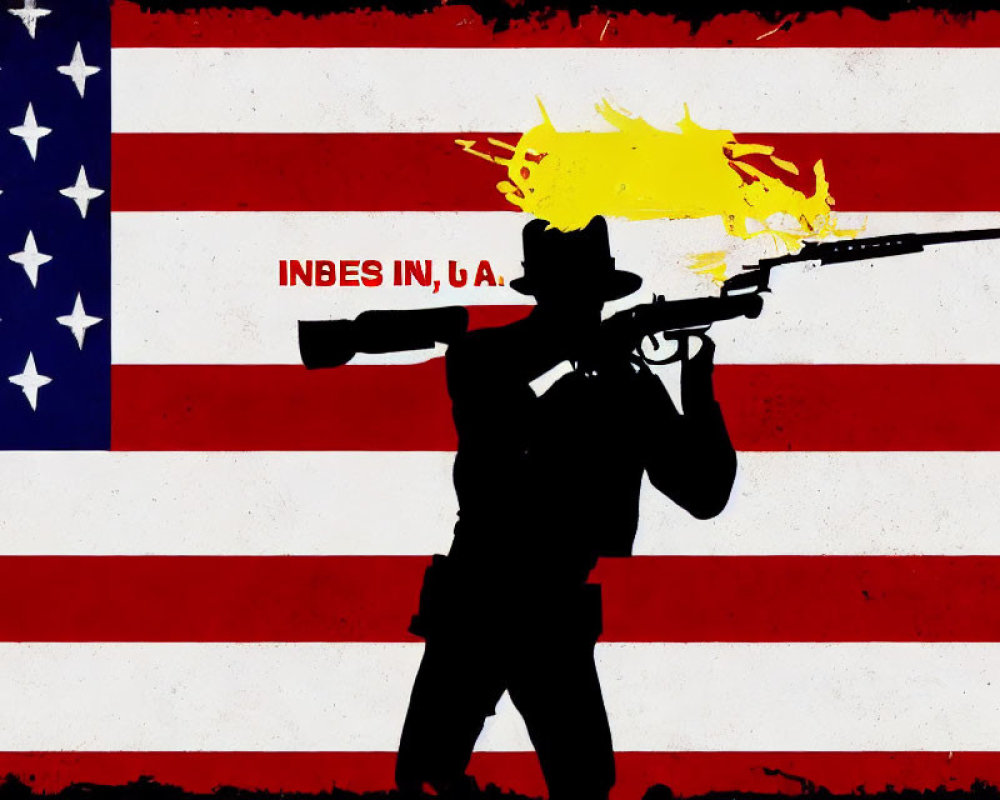 Silhouetted figure with flamingo gun on American flag background.