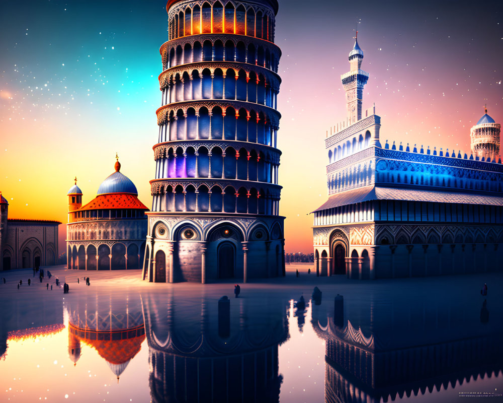 Detailed artistic rendering of Pisa tower and architecture on glossy surface under twilight sky