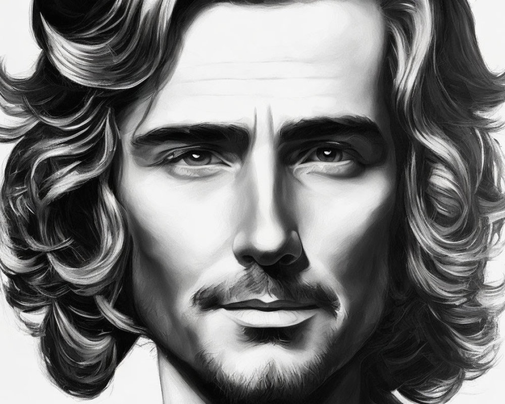 Monochrome digital portrait of a man with wavy hair and light beard