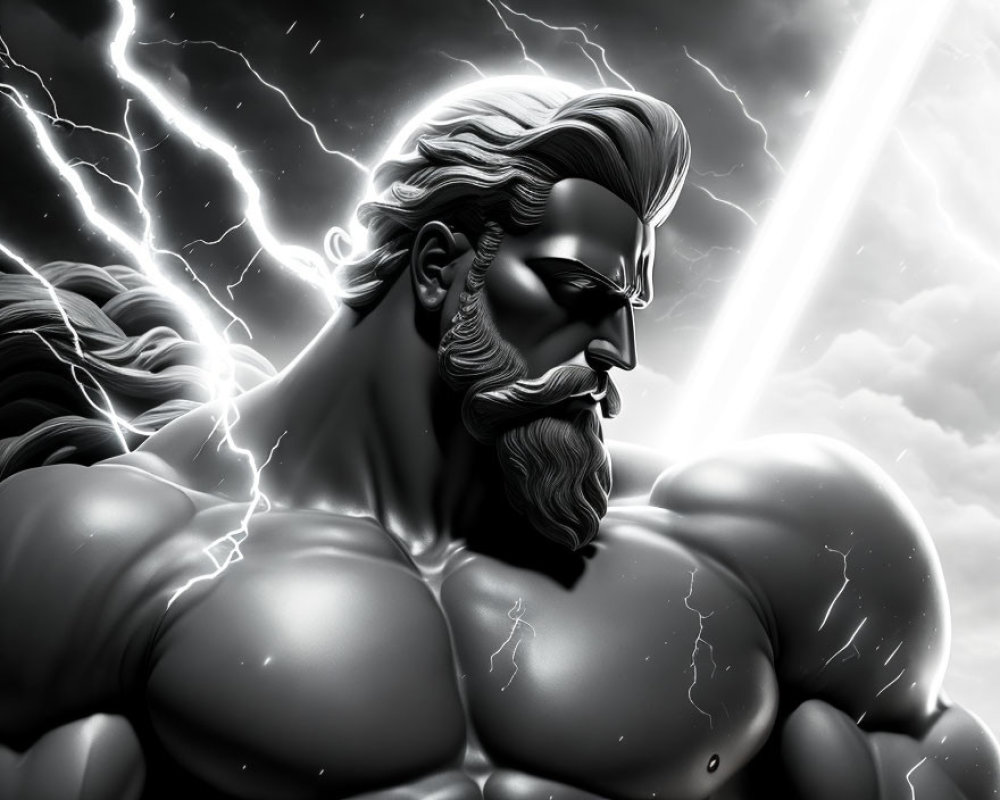 Monochromatic image of a powerful, bearded man in lightning.