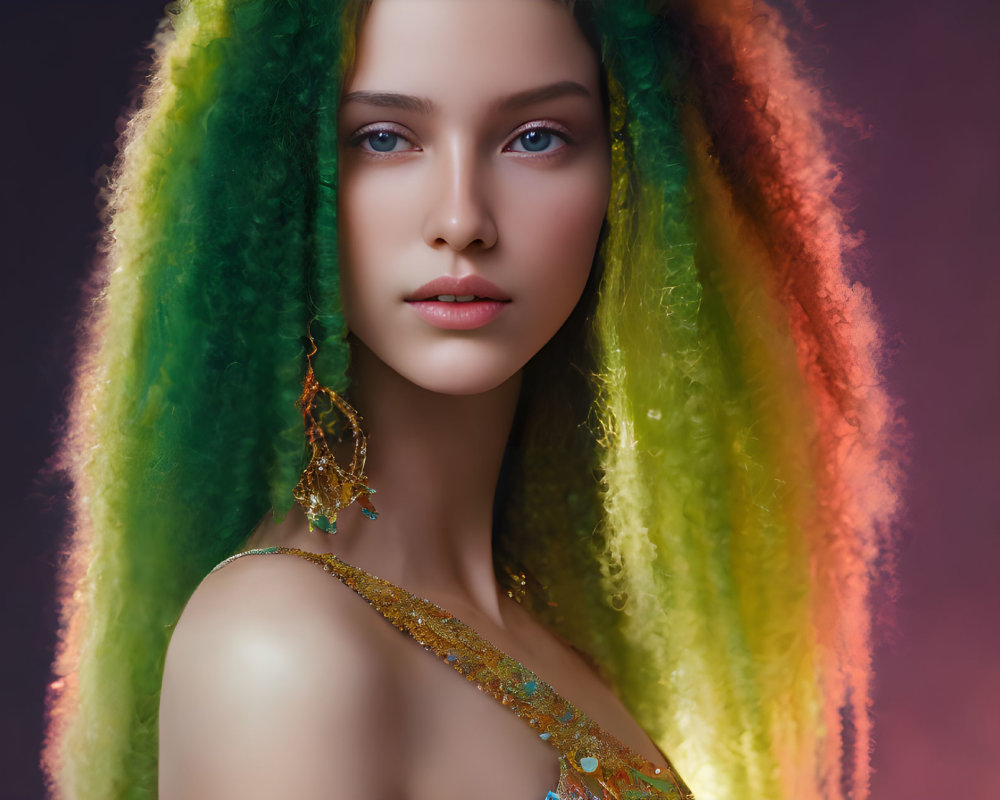 Colorful portrait of person with rainbow hair, blue eyes, and ornate jewelry