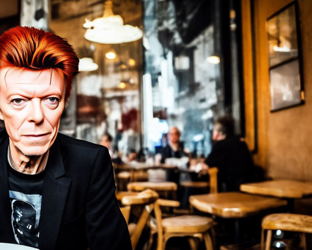 Striking red-haired person in black shirt sitting in cafe with blurred patrons