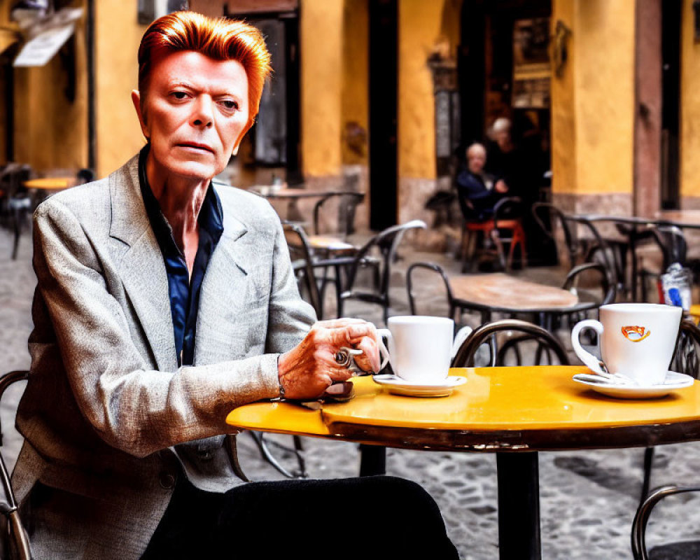 Red-Haired Person in Grey Suit at Cafe Table with Coffee Cups