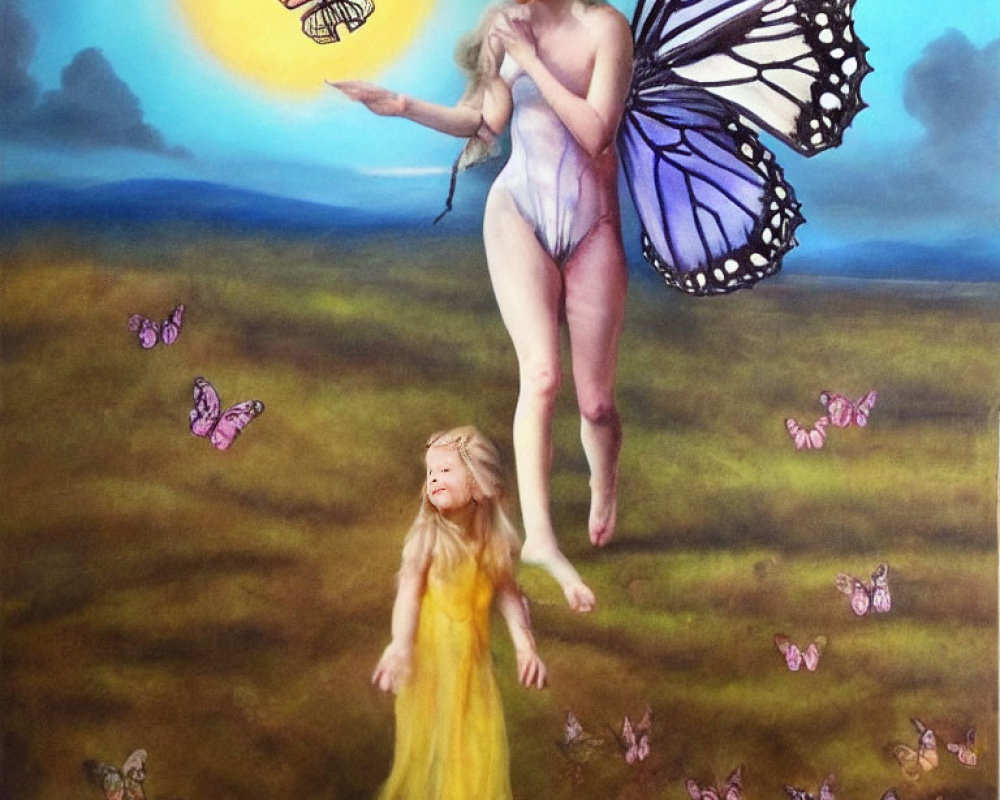 Fantastical painting of winged figure with butterfly and child in sunny field