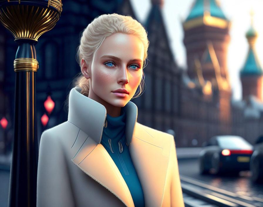 Blonde woman with blue eyes in high-collared coat against urban backdrop