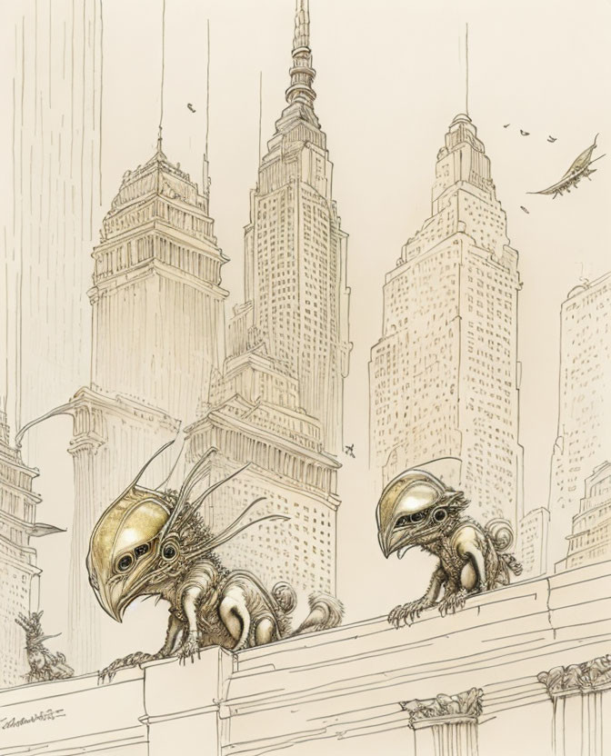 Giant insect-like creatures in sci-fi cityscape with skyscrapers