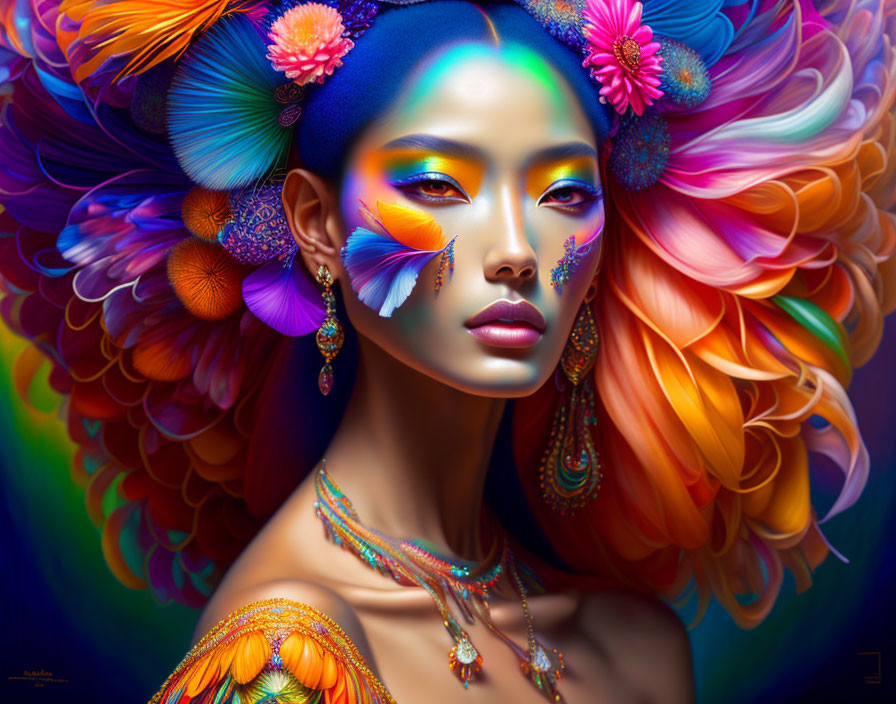 Colorful makeup portrait of a woman with flowers, feathers, and ethereal vibe