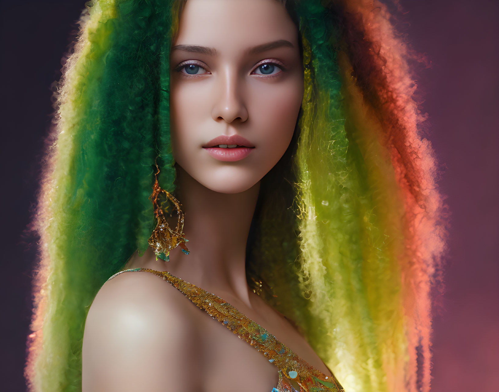 Colorful portrait of person with rainbow hair, blue eyes, and ornate jewelry