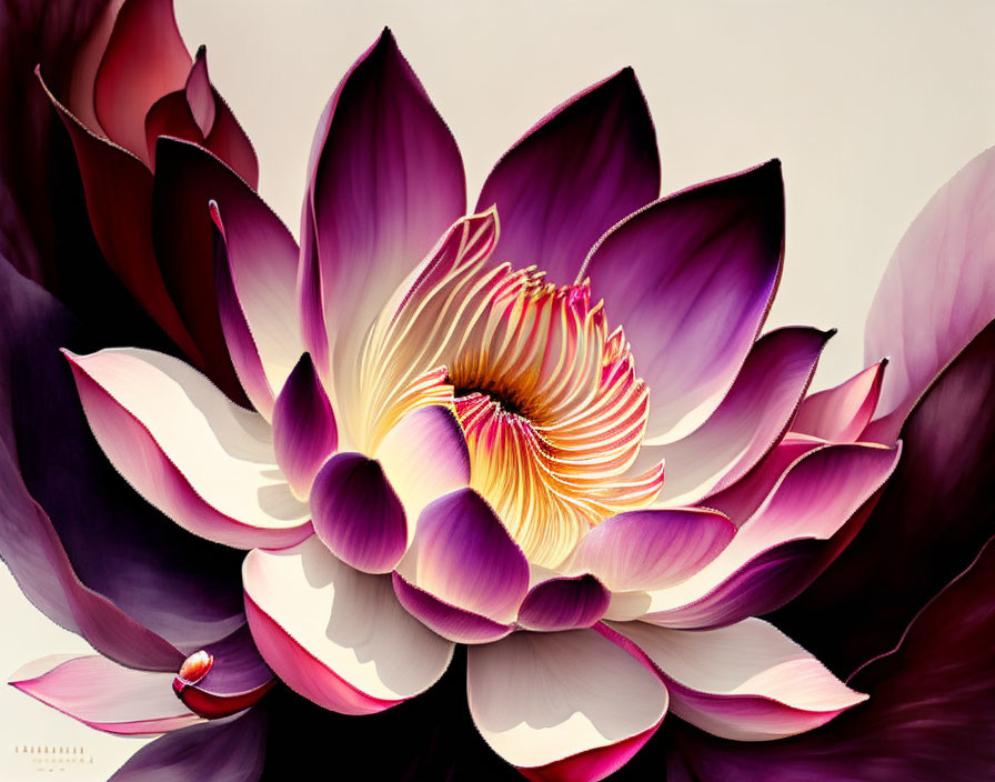 Detailed digital illustration of large lotus flower with purple and white petals and yellow stamens