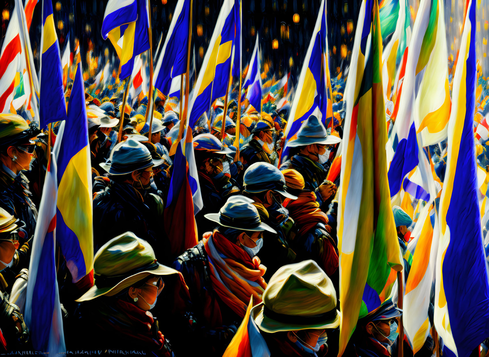 Colorful painting of crowd with hats and masks and flags