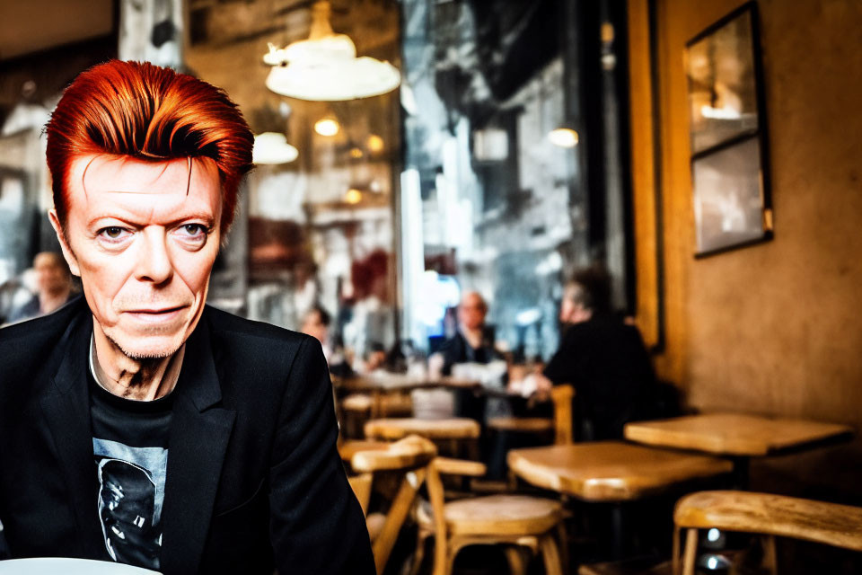 Striking red-haired person in black shirt sitting in cafe with blurred patrons