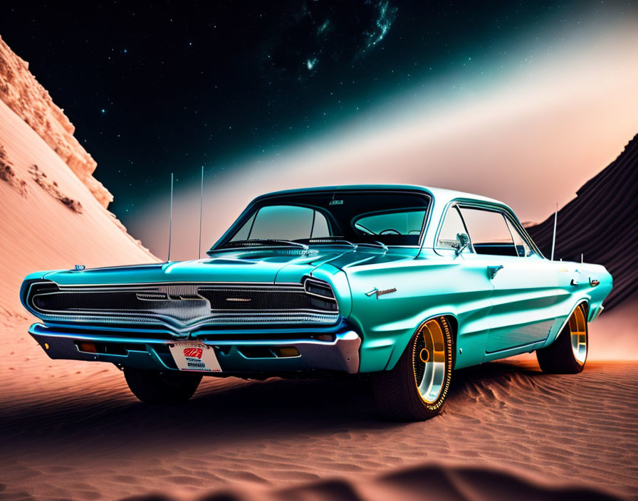 Vintage Turquoise Car with White Top in Desert Sands at Night