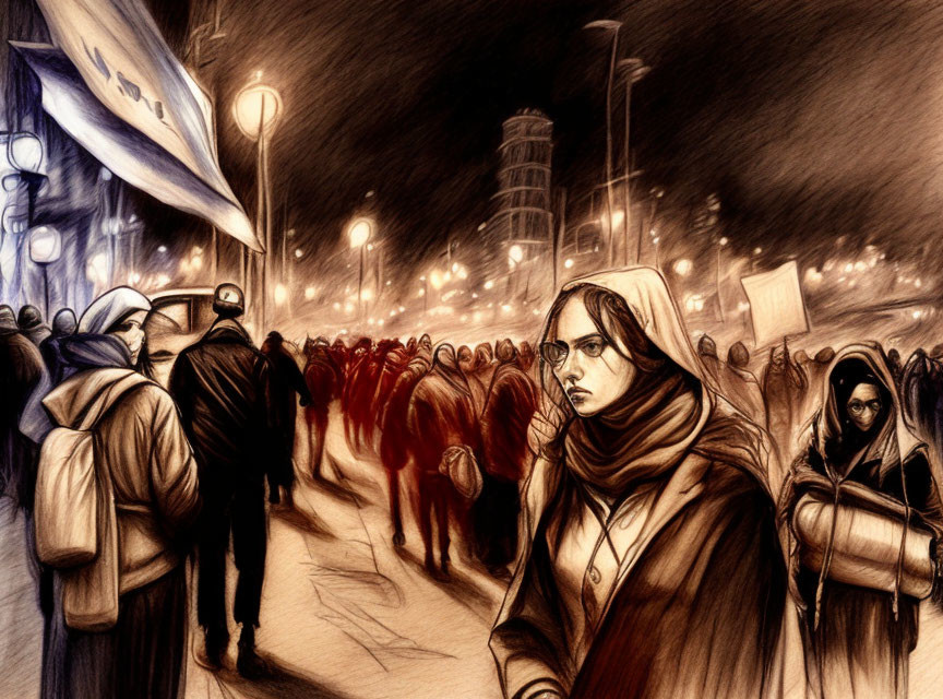 Illustration of somber night march with intense expressions in a crowd.