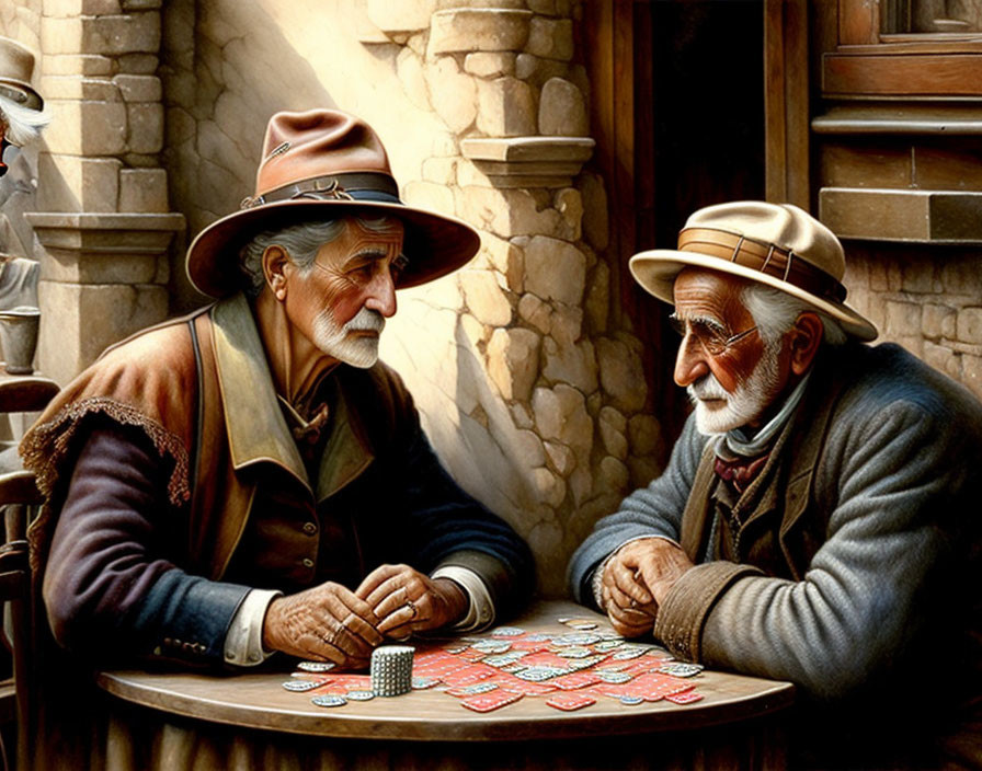 Elderly gentlemen playing intense card game at round table