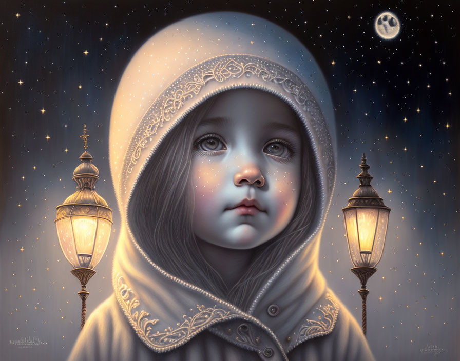 Digital painting of child in hooded cloak under starry sky