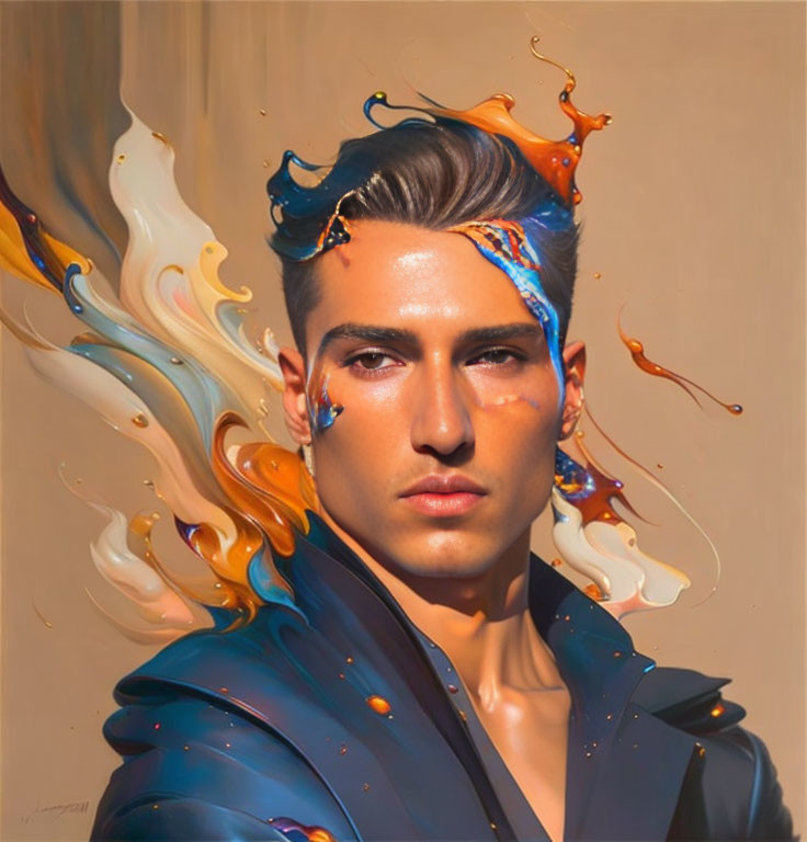 Colorful swirls surround man in stylized portrait.