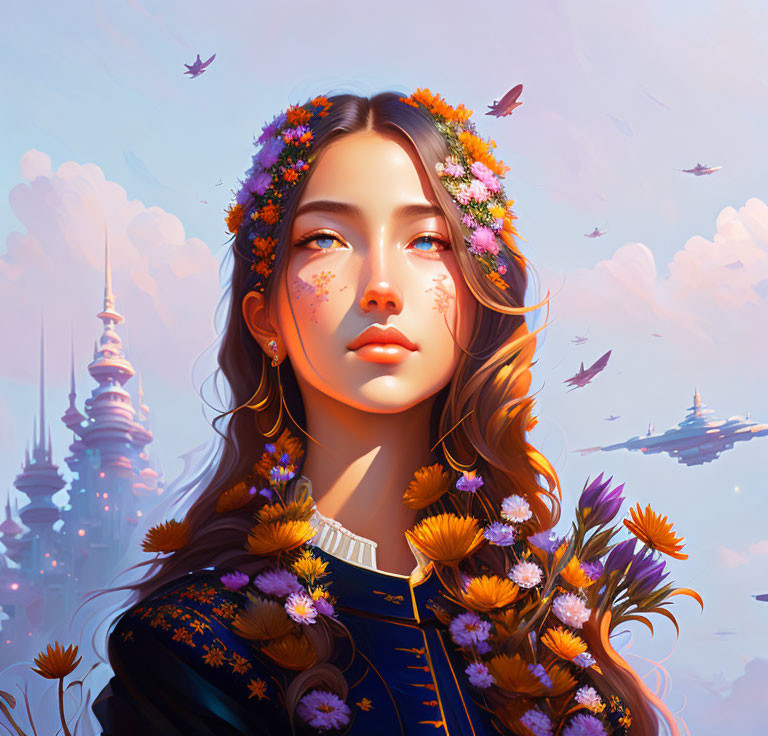 Digital artwork: Woman with flower hair, fantasy backdrop of floating islands & sky castle