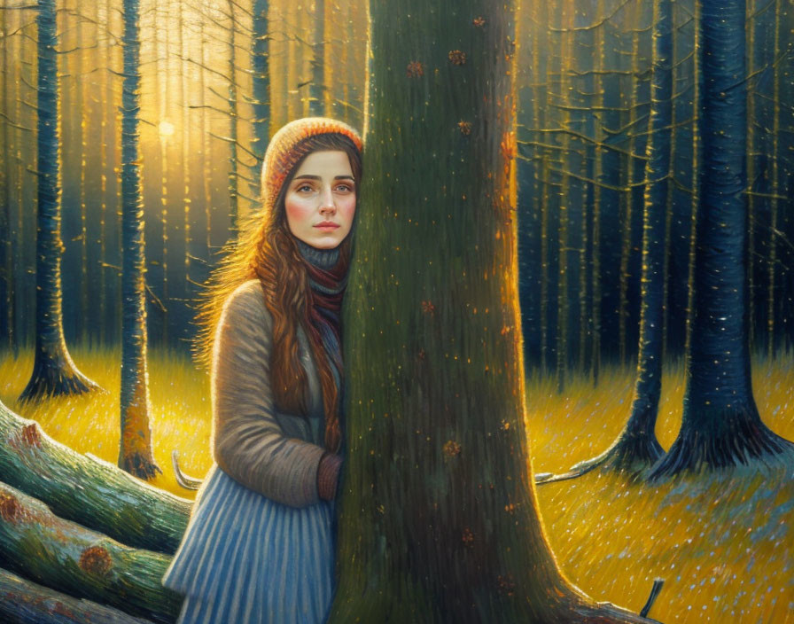 Woman in Warm Hat and Scarf Standing by Tree in Golden Sunlit Forest