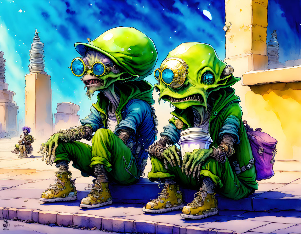 Stylized cartoonish frogs in green outfits chatting in futuristic cityscape