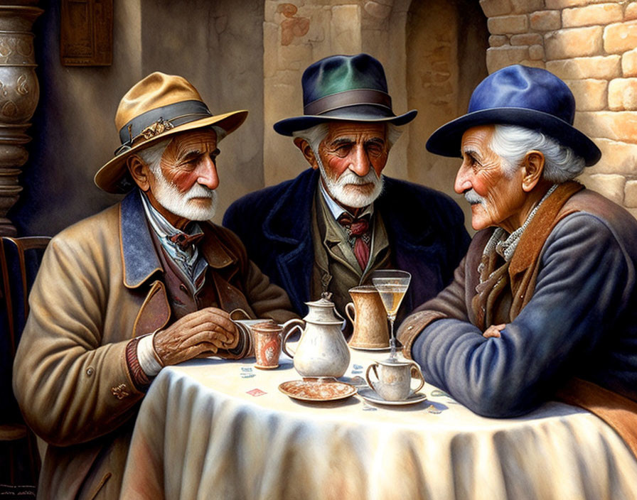 Elderly gentlemen in vintage attire chatting over coffee