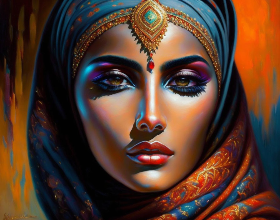 Colorful portrait of a woman in blue hijab with bejeweled headpiece and dramatic eye