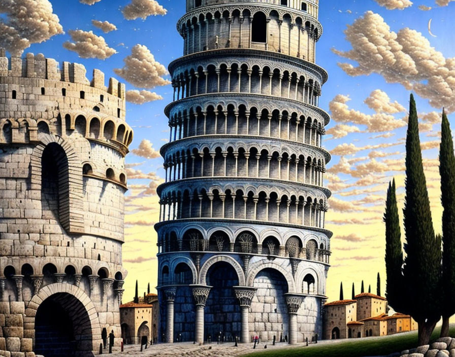 Digital artwork: Castle merged with Leaning Tower of Pisa under dramatic sky