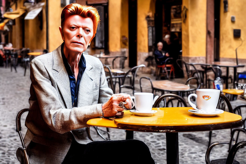 Red-Haired Person in Grey Suit at Cafe Table with Coffee Cups