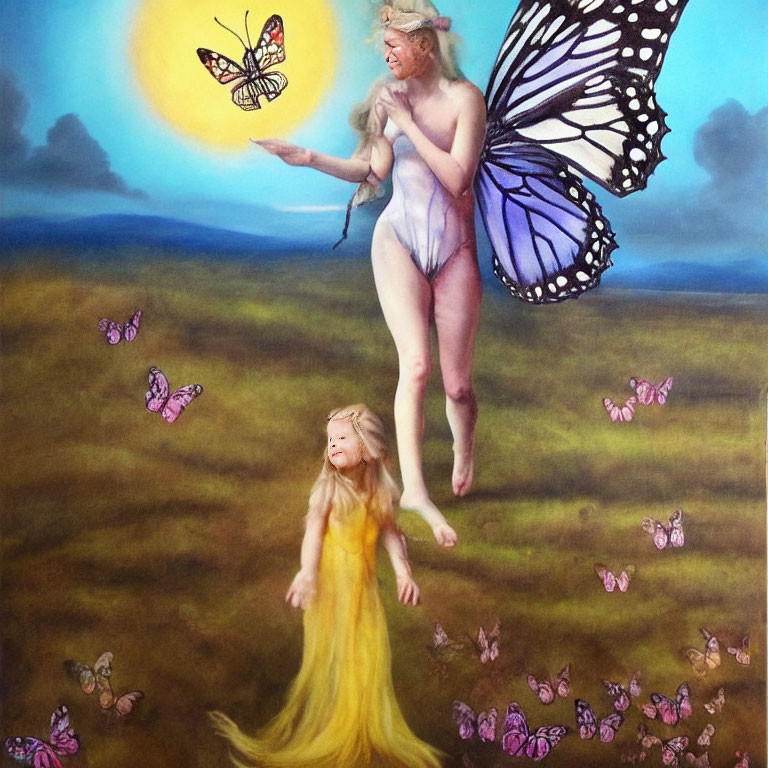 Fantastical painting of winged figure with butterfly and child in sunny field