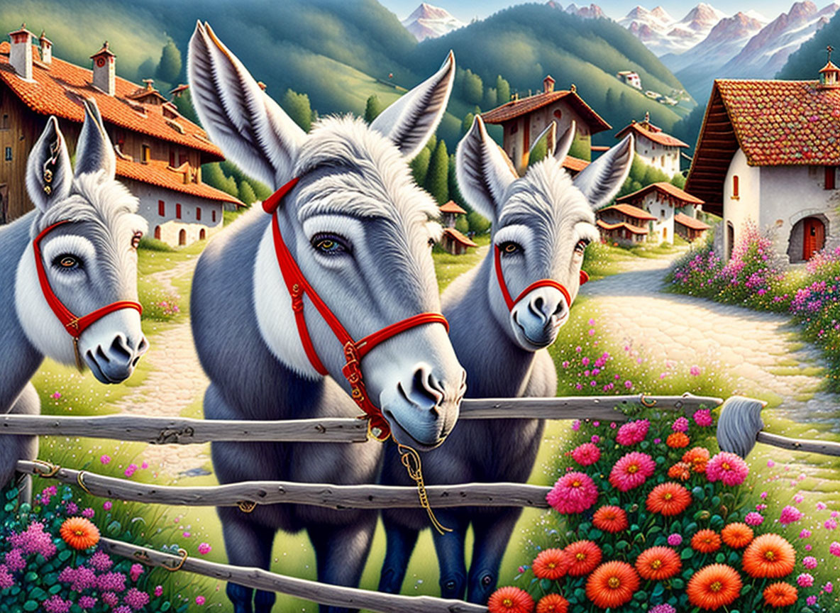 Cartoon donkeys in flower-filled meadow with alpine backdrop