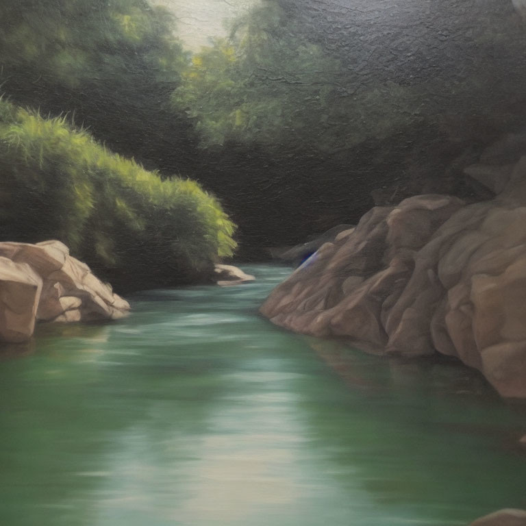 Tranquil river surrounded by rocks and lush greenery with soft light.