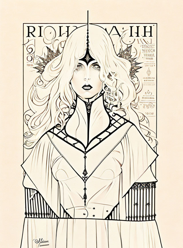 Detailed Art Nouveau Woman Illustration with Elaborate Headdress