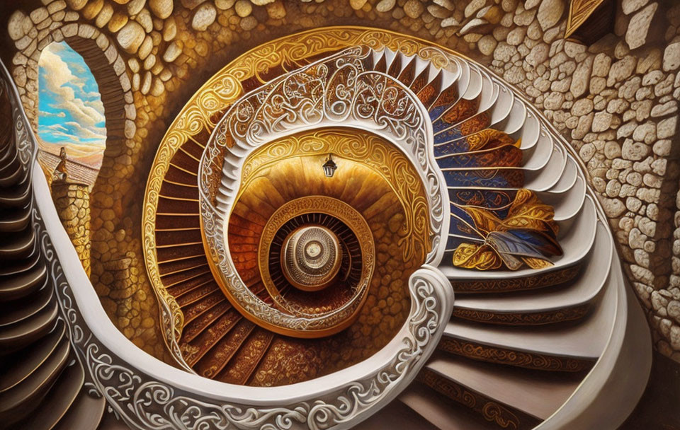 Intricate spiral staircase with golden railings in stone-walled setting