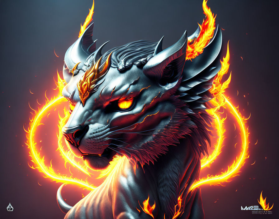 Mystical cat digital artwork with fiery horns and glowing eyes